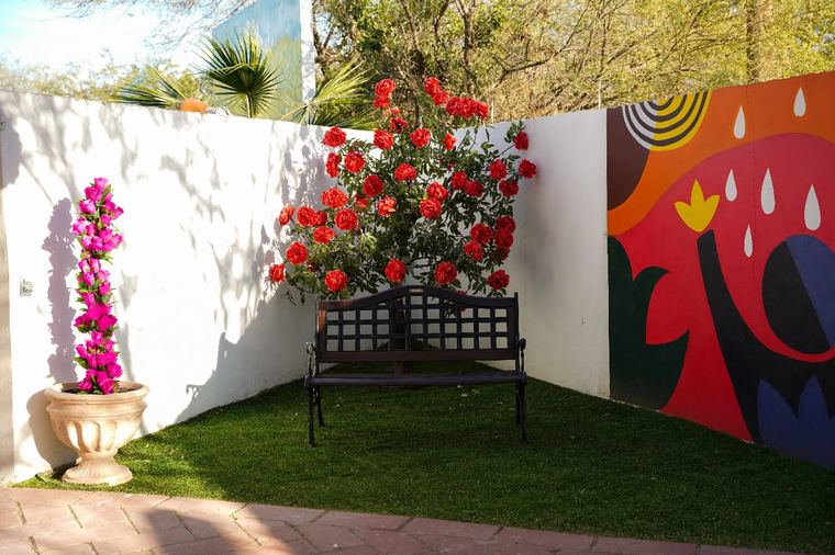 Muro blanco con rosas rojas y banca de hierro